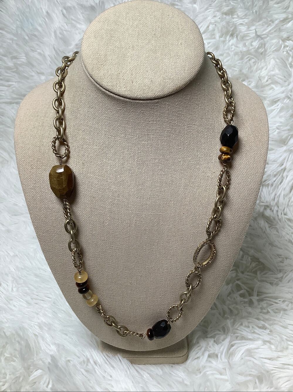 Ellen Tracy Gold Tone Amber Beaded Layered Station Chain Necklace Boho A5-35